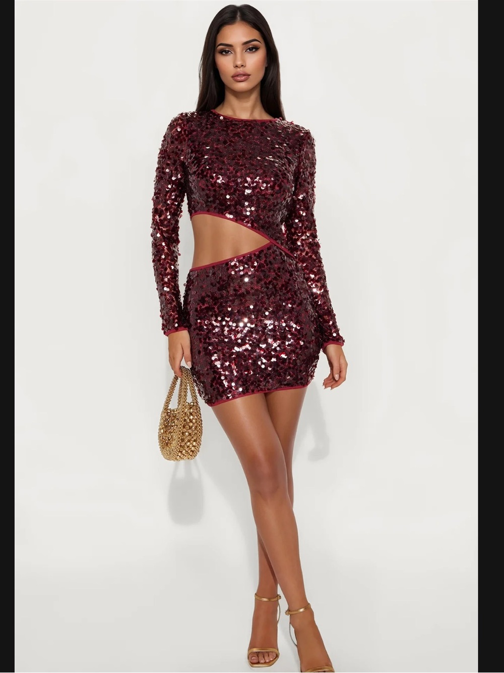 Womens sz XS Sequin Cutout Mini dress Burgundy Wine Shiny Fashion Nova $60 NWT